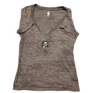 Sickboy‎ Motorcycles Graphic T-Shirt Skull Celtic Cross Gray Top